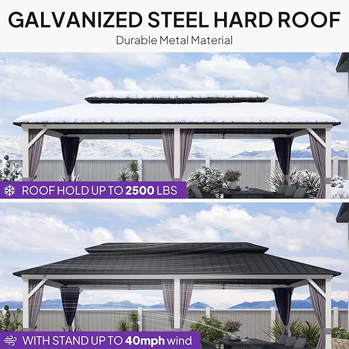 PURPLE LEAF 10' X 20' Hardtop Gazebo Metal Double Roof White Aluminum Frame Outdoor Heavy Duty Gazebo with Curtain and Netting for Patio Garden and Backyard, Grey