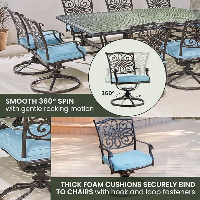 Hanover Traditions 11-Piece Modern Outdoor Dining Set with Rust Resistant Cast Aluminum Rectangular Large Dining Table and 10 Swivel Rocker Chairs with Plush Weather Resistant Blue Cushions