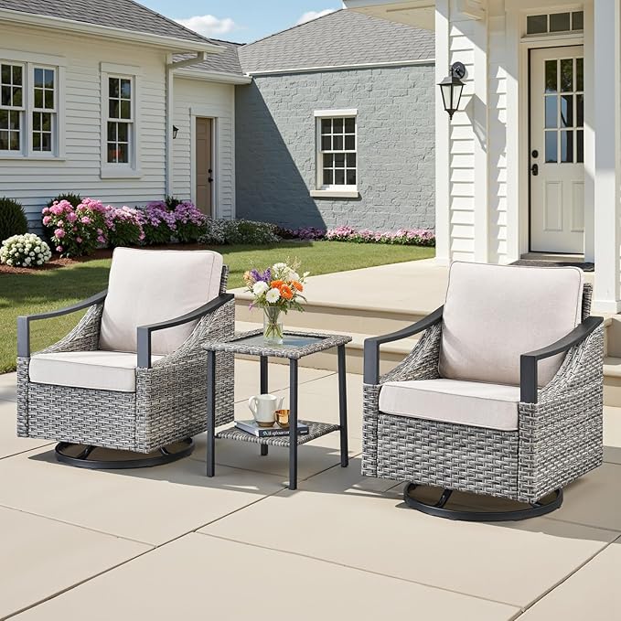 3 Pieces Outdoor Patio Furniture Sets - Wicker Swivel Patio Rocker Chairs Set of 2 with Glass Side Table, High Back Swivel Glider Chair with Deep Seating for Porch Deck Balcony Garden Gray/Beige