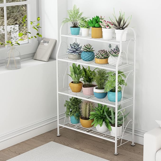 SORCEDAS Plant Stand Indoor Outdoor Plant Shelf 4 Tier Metal Corner Flower Stand Multiple Holder for Patio Garden Balcony Living Room, White
