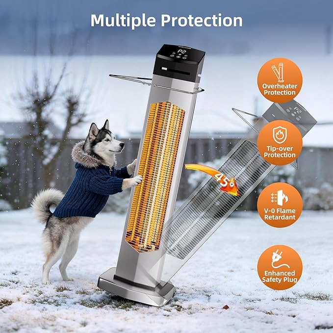 Outdoor Heaters for Patio, Electric Patio Heater with Remote, 12H Timer, IPX5 Waterproof, Tip-Over & Overheat Protection, Infrared Space Heater for Indoor, Porch, Garage, Large Room, Sliver