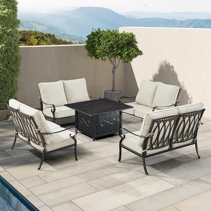 Oakland Living RICA-4LS-REGIS-LGCU-AC Black Aluminum Patio Fire Table Set with Four Deep Seating Loveseat with Cushions, Antique Copper