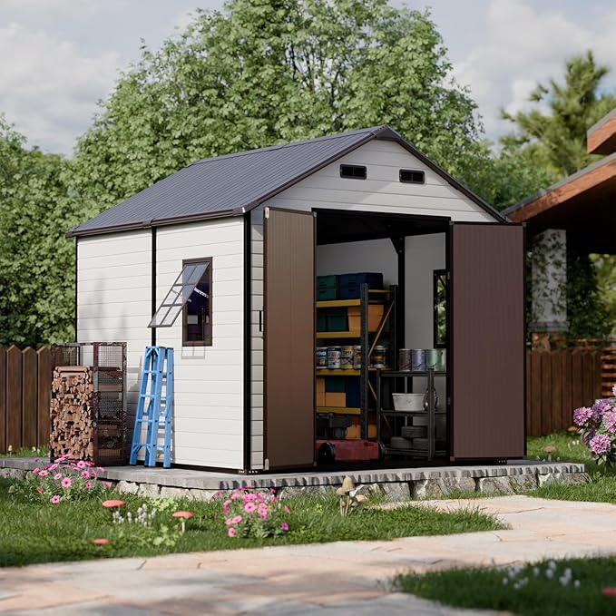 8x8 Shed with Floor, Heavy-Duty Plastic Resin Sheds & Outdoor Storage, Garden Tool Shed for Backyard, Patio, Bike Storage with Lockable Awning Windows & Reinforced Steel Frame（23-Gauage