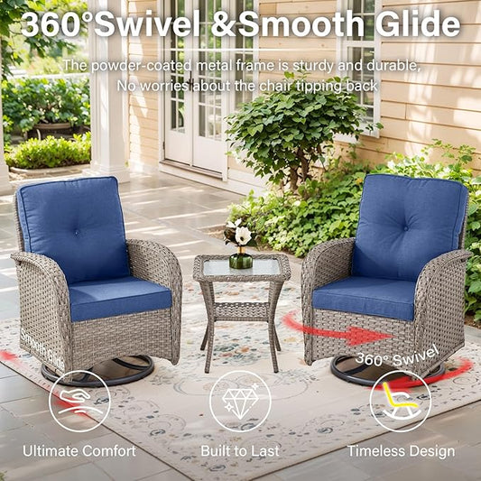 5 Piece Swivel Rocker Glider Outdoor Chairs Set of 2 with Ottoman and Glass Side Table Patio Bistro Furniture Set, Comfort High Back Wicker Patio Conversation Set for Deck Porch Sunroom
