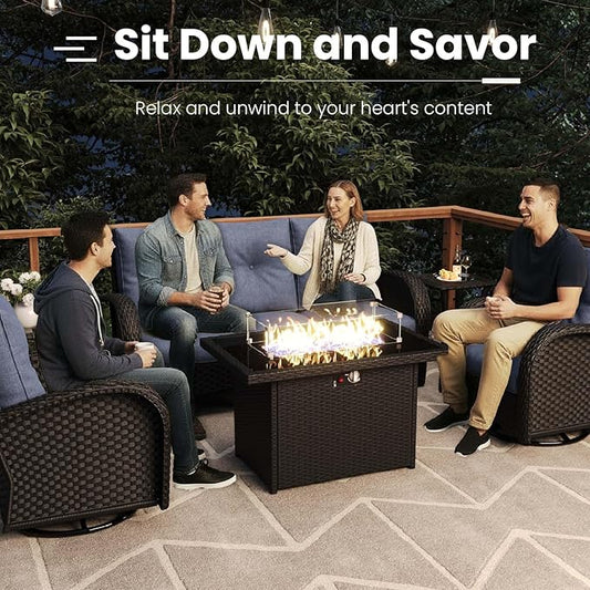 7 Pieces Patio Furniture Sets with Fire Pit Table, Wicker Rattan High Back Outdoor Armchairs Set with 3-Seat Couch, Ottomans and Side Table