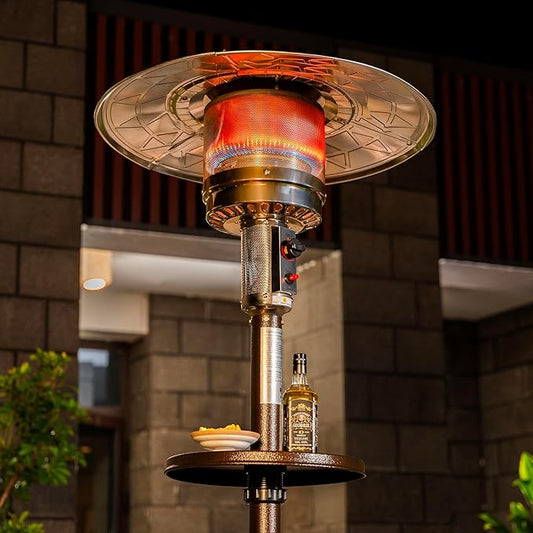 Nuu Garden Outdoor Propane Gas Patio Heater with Liftable Drink Stand and Wheels, 304 Stainless Steel Burner Patio Heater for Backyard, Garden, Porch, Brown