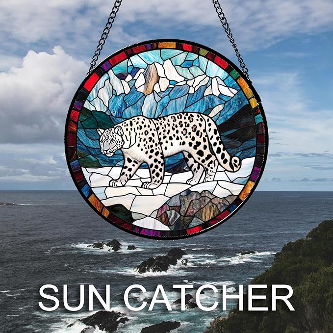 HKDGOKA Stained Glass Window Hanging Blue White Snow Mountain Leopard 6.3" - Suncatcher Door Garden Sunroom Sun Catcher Home Decor Birthday Christmas for Mom Men Woman Nana