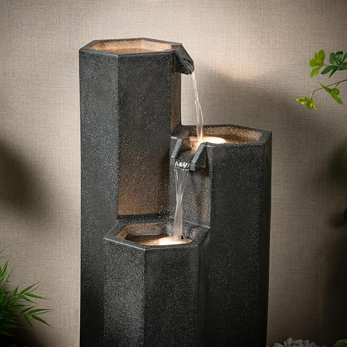 Puulye 27.95" H Outdoor Water Fountain Made with Eco-Friendly Recyclable Materials, Polyethylene Cascading Waterfall Fountain, Garden Waterfall Decor with LED Light & Pump for Patio, Backyard