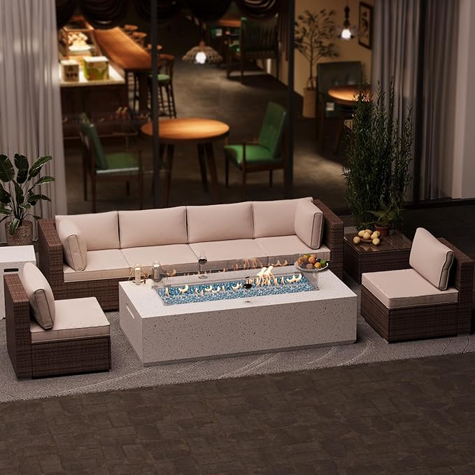 2-Piece Outdoor Propane Fire Pit Table Set – Premium Terrazzo-Like MgO Finish, 56-Inch Gas Fire Table with Glass Wind Guard for Patio, Garden & Backyard, Includes Rain Cover & Glass Beads
