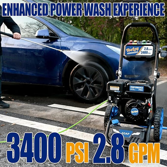 TOOLCY Gas Pressure Washer 3400 PSI & 2.8 GPM, High-Performance 212cc Engine, Foldable Handle, Reinforced Pump, 35FT Extended Power Hose, Kink-Less Swivel Gun with & 5 Nozzles, for Driveways/Patios