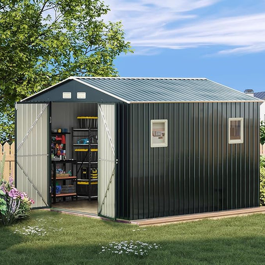 Breezz Outdoor Storage Shed 10X10FT. Utility Tool Shed Metal Storage Garden Shed with Lockable Doors, Windows & Metal Frame Floor for Patio Storage, Nightblue