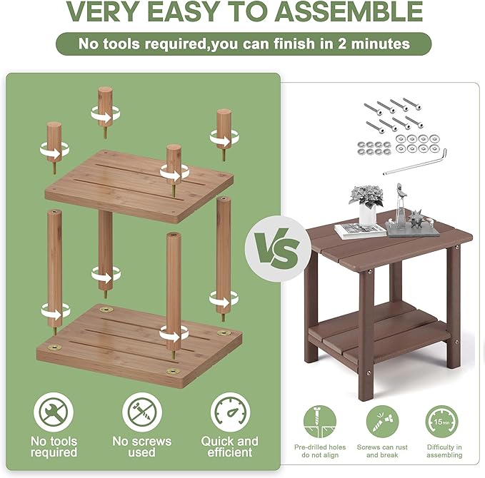 LEJANEOYE Outdoor Side Table, 2-Tier Small Outdoor Table for Patio, Adirondack Side Tables for Outside or Indoor, Bamboo End Table for Pool, Porch, Weather Resistant Easy Maintenance