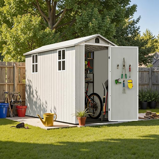 Patiowell 4 x 8 FT Plastic Outdoor Storage Shed with Floor, Garden Tool Shed with Two Windows and Single Lockable Door for Garden, Backyard, Lawn, Easy to Install, Light Grey(Fit-it Shed)