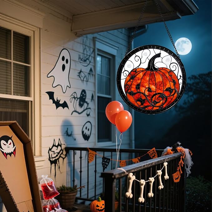 CRISGIF Stained Glass Window Hanging - Halloween Red White Scary Pumpkin Suncatcher for Doors Garden Home Spooky Rattan Sun Catchers Gothic Decor Horror Gifts for Women Men Friend Boy Girl 6.3 in