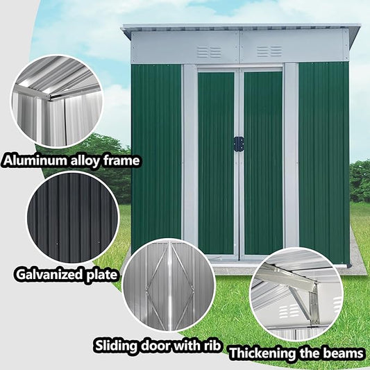 5X3 Feet Small Mini Outdoor Storage Sheds Pent Roof Green with Aluminum Alloy Frame and Sliding Door, for Backyard, Patio, Poolside