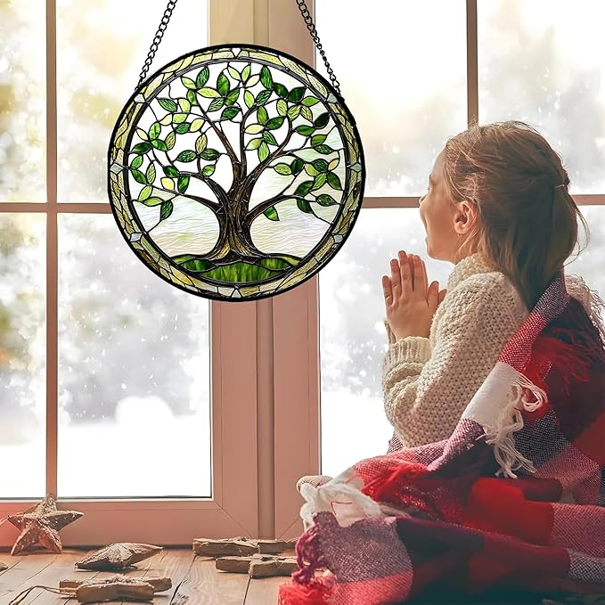 AMDERVEN Stained Glass Window Hanging - Brown Tree Trunk Green Leaves Sun Catcher for Door Garden Home Decor Plant Suncatcher Christmas Mother's Day Birthday Gifts for Women Men Mom Nana 11.8 in
