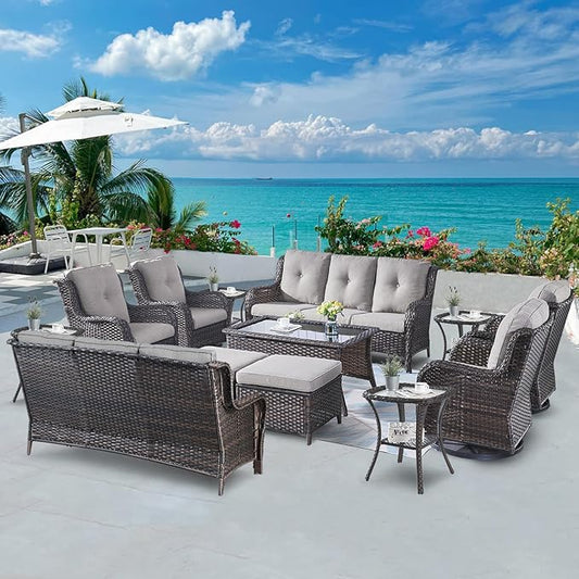 Belord Wicker Patio Furniture Sets - 13 Piece Outdoor Rattan Furniture Conversation Sets with 4 Swivel Rocker Chairs, 2 Rattan Sofas, Wicker Ottomans and Coffee Table, Brown/Grey
