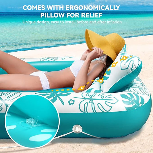 Inflatable Tanning Pool Lounger Float with Cervical Pillow - Pool Floats Adult for Sunbathing, Backyard, Pool Party - Inflate Ball Pit for Babies - Kids Swimming Pool Bed