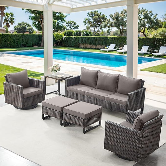 6 Piece Wicker Patio Furniture Set - Outdoor Swivel Rocker Chairs Set with Side Table, 3 Seat Sofa and Ottomans, Small Patio Conversation Sets Proch Furniture for Balcony Deck - Brown/Grey