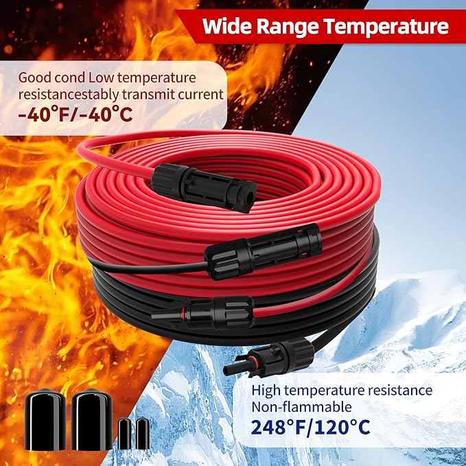 Solar Extension Cable 10 Gauge Solar Panels Wire 50Ft 10AWG (6mm²) PV Wire SJZSUNRUN Tinned Copper Wire with 2 Pairs Solar Connectors for Outdoor Automotive, Marine, (50Ft Black& 50Ft Red)