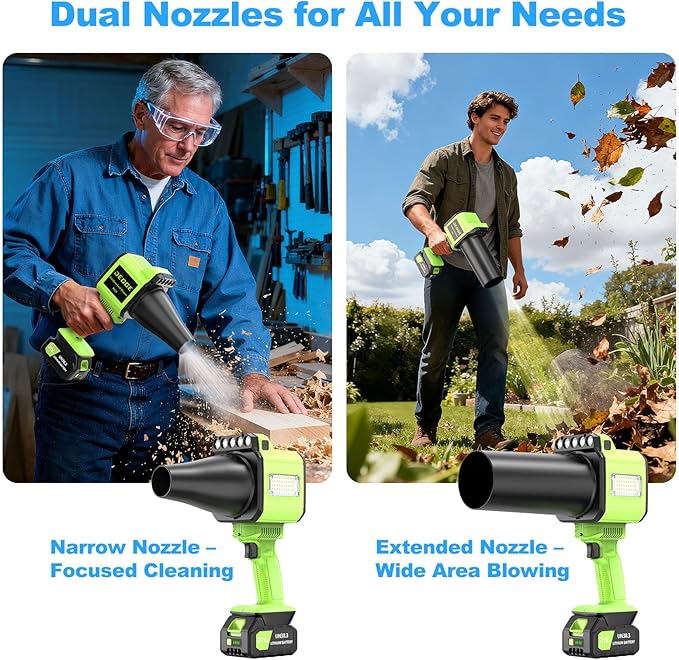 DEGGE Brushless Leaf Blower Cordless, Handheld Leaf Blowers with LED Work Light, Two Interchangeable Nozzles, Turbo Jet Blower for Lawn Care, Patio Cleaning, Garage Dust & Outdoor Use