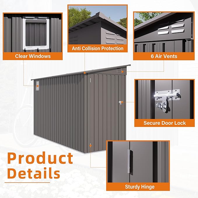 4x9 FT Outdoor Storage Shed,Lean to Metal Shed W/Window,All Weather Waterproof Garden Storage Shed W/ 6 Air Vents & 1 Lockable Door,Weatherproof Tool House W/Sloped Roof,for Lawn,Gray