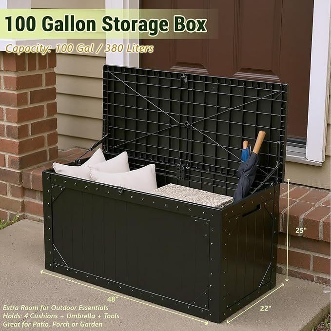 Outdoor Storage Box, 48”×22“-Deck Box Outdoor Storage Bench Outside Waterproof Resin Storage Bench, Lockable Patio Cushions, Garden Tools Storage For Furniture, UV Resistant(Black)