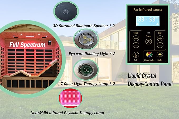 Full Spectrum Outdoor Far Infrared Sauna 4-Person Plus, Massive Interior Low EMF Sauna for Home, Near&Mid-IR Light , Bluetooth Speakers, LED Reading Lamps, Chromotherapy Light (81.1*60.6*83.5 inch)