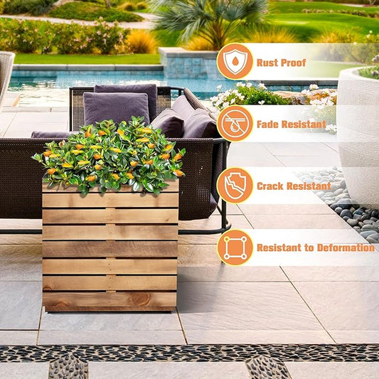 FENCY Metal Planter Box, Large Rectangular Planters for Outdoor Plants, Outdoor Tall Planters with Drainage Holes, Walnut Finish Metal Planters (17″ × 17″ × H18″)
