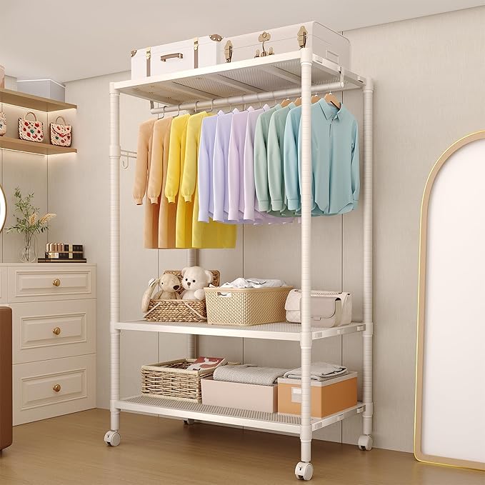 Heavy Duty Rolling Clothes Rack, 3-Tier Adjustable Garment Racks with Rods and Side Hooks, Freestanding Storage Closet Clothing Rack with Wheels for Bedroom Laundry Room Organization, White