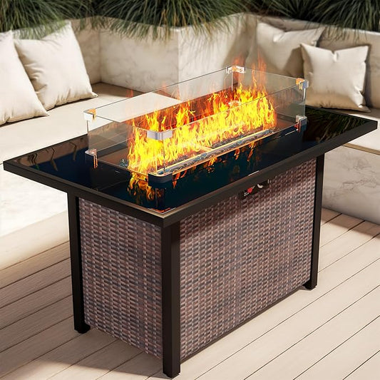 Propane Fire Pit Table, Outdoor Fire Pit Table, 43" Rattan Rectangle Outdoor Gas FirePit with Glass Wind Guard, Tempered Glass Tabletop, Lid, CSA Listed, 60,000 BTU, Outside Patio Deck & Garden, Brown