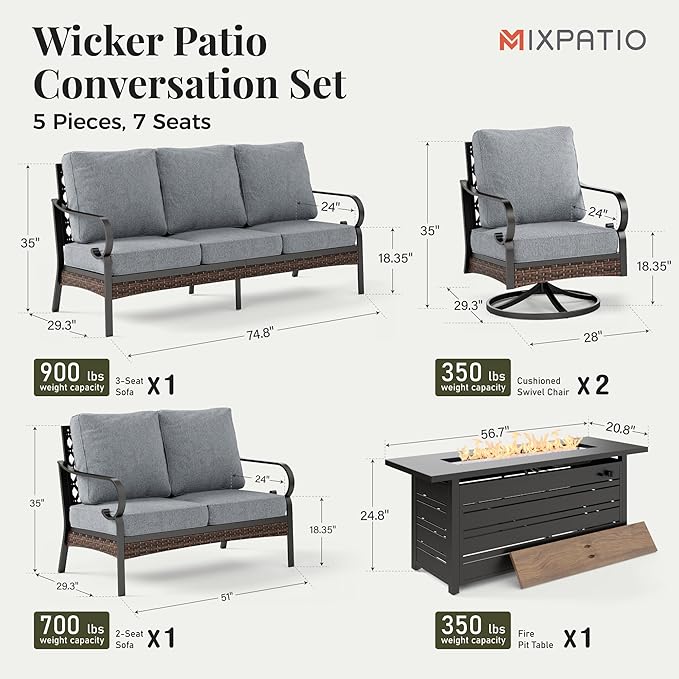 Patio Furniture Set with Firepit Table, Black Frame Outdoor Conversation Set with 2 x Swivel Chairs, 1 x 2-Seat Sofa, 1 x 3-Seat Sofa for Lawn Garden Backyard, Grey