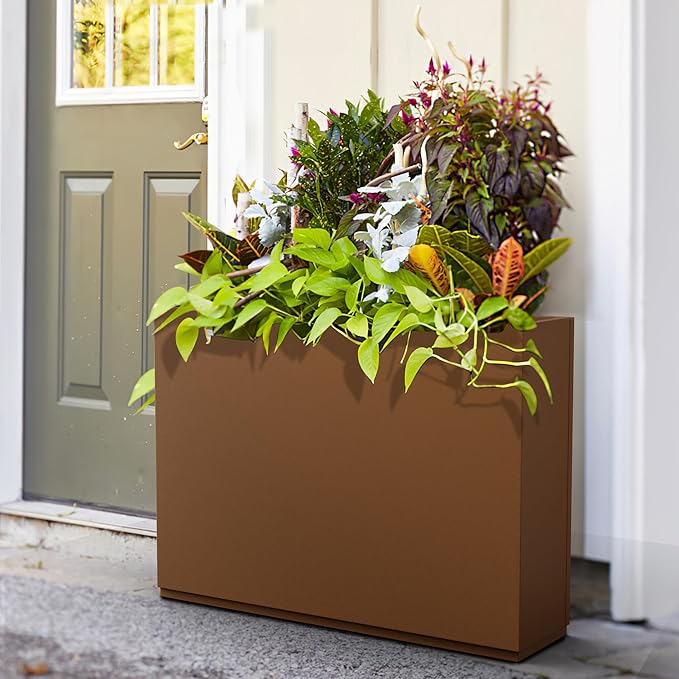 FENCY Metal Rectangular Planter Box for Outdoor - Large Planters with Drainage Holes (35.4" L x 9" W x 25.6" H, Brown)