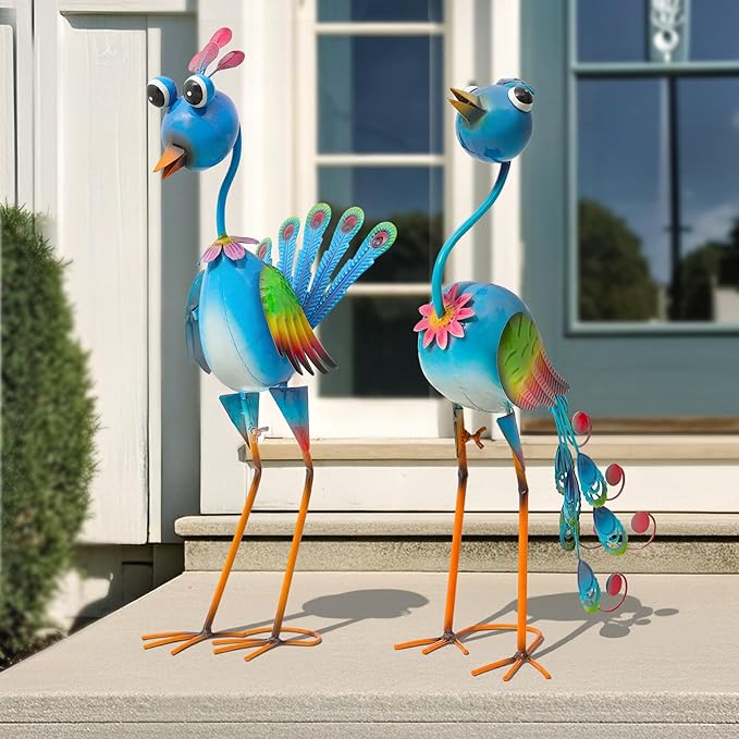 Ultym 22.5" Metal Peacock Yard Decor - Handmade Large Peacock Garden Statue Sculptures with Stable Ground Stakes, Backyard Decoration, Metal Garden Art