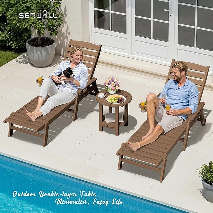 SERWALL Round Outdoor Side Table Set of 2, HDPE Small Adirondack Double End Table, Brown