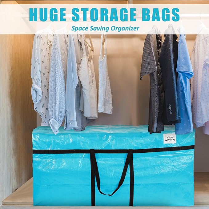 Windyun 4 Pack 69 Gallon Extra Large Storage Bags XXL Moving Bags with Zipper Handles Heavy Duty Jumbo Big Tote Box for Christmas Tree Storage 4, 5, 7.5, 9, 10, 12 ft Skeleton College Dorm(Lake Blue)