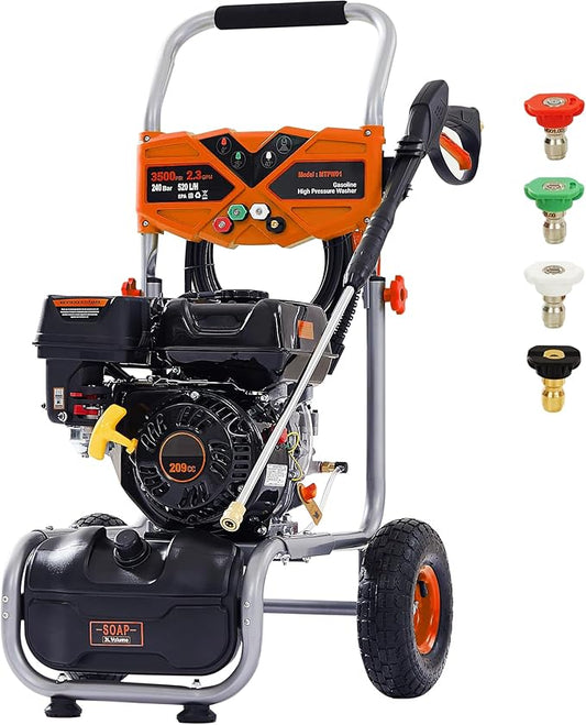 Ezasin Gas Pressure Washer 3500 PSI, 2.3 GPM Heavy Duty High Power Washer,209CC 7HP Engine with 25Ft Pressure Hose, Axial Aluminum Pump, Soap Tank, Spray Gun and Wand, 4 Quick Connect Nozzle (Orange)