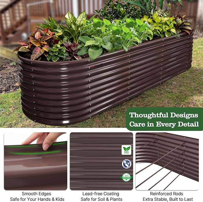 A ANLEOLIFE 30" Extra Tall Galvanized Raised Garden Beds Outdoor, 10x3x2.5ft Large Oval Metal Planter Boxes for Planting Vegetables, Flowers, Fruits, Eco-Safe & Easy Setup, CaféBronze