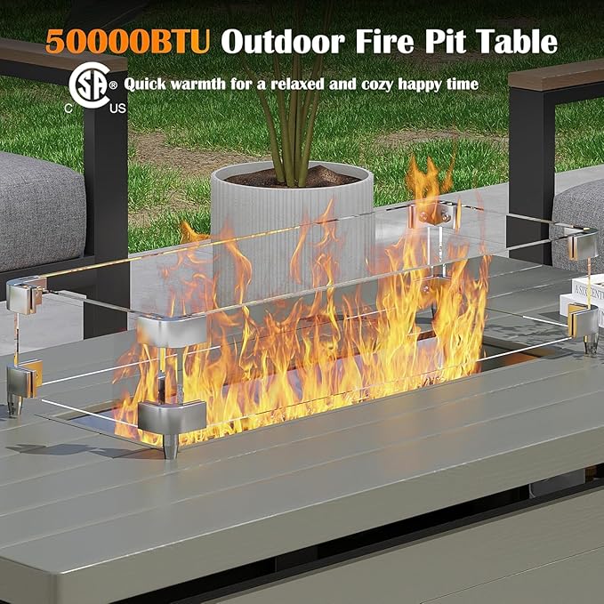 Sundale Outdoor 7 Pieces Patio Furniture Set with Fire Pit Table, L-Shaped Outdoor Sectional Sofa with 6 Inch Olefin Cushion, All-Weather Modern Metal Outdoor Conversation Sets (6 Seats,Green Frame)