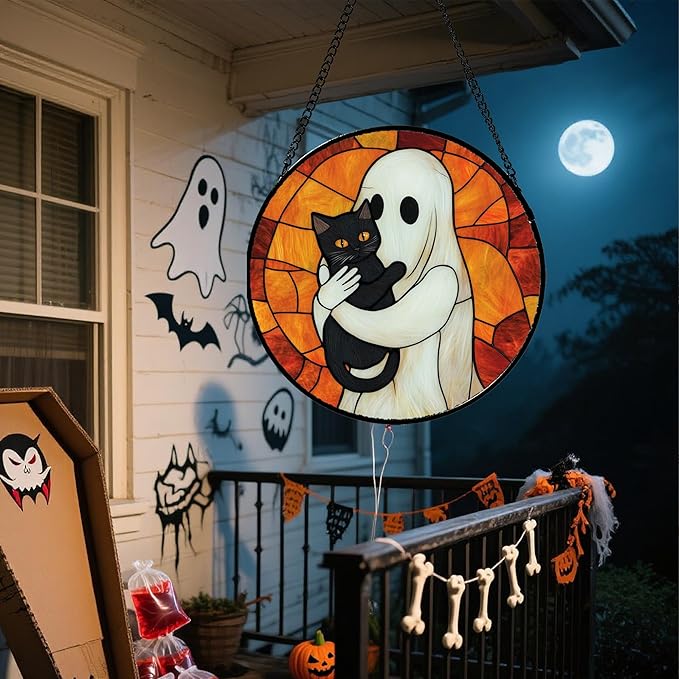 CRISGIF Stained Glass Window Hanging - Halloween Decorations White Ghost Black Cat Suncatcher for Doors Garden Spooky Funny Orange Sun Catchers Gothic Decor Horror Gifts for Women Men Friend 11.8 in