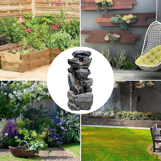 Bumilgar Water Features Outdoor Patio 6-Tier Cascading Rock Water Fountain 31.5''Water Fall Fountain Outside Resin Fountain with Light Mossy Rock Floor Garden Fountain Indoor for Relaxation Home Decor