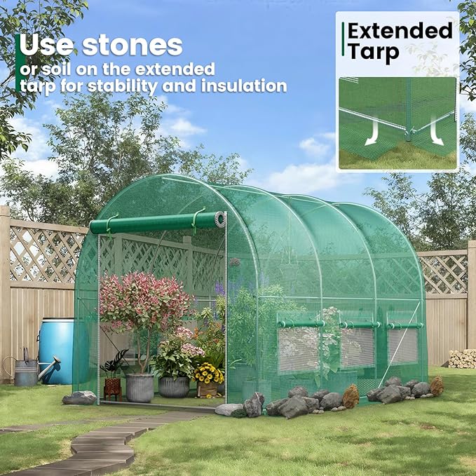Walk-in Greenhouse 15×7×7FT, Outdoor Tunnel Greenhouse, Large Plant Hoop House for Outside, Hot House for Winter with 6 Ventilated Mesh Windows, Galvanized Steel Frame (Green, 15×7×7FT)