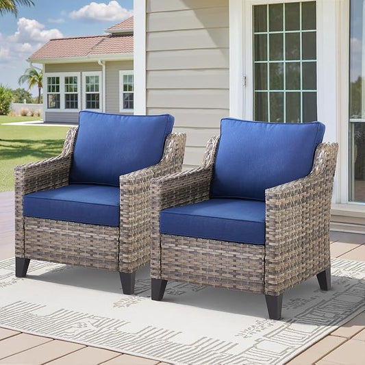 Patio Chairs Set of 2-All Weather Rattan Wicker Outdoor Chair with Thickened Cushions Outdoor Patio Chairs for Porch Deck Balcony Garden Grey/Blue