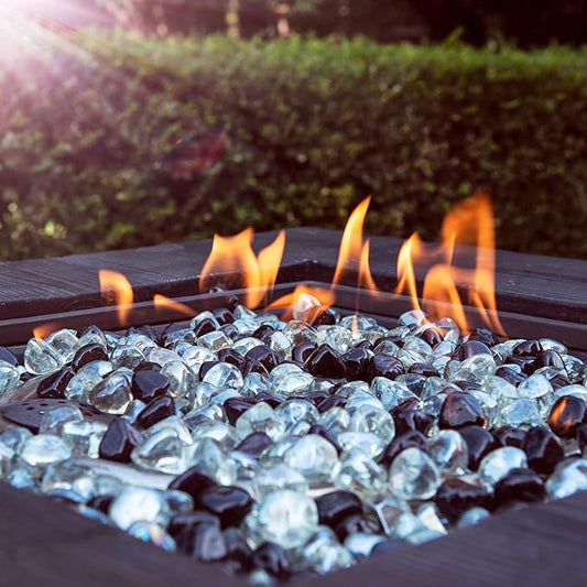 Fire Glass Diamond 1 Inch Fire Pit Glass Rocks for Propane or Gas Fire Pit 20 Pounds White/Onyx Black Blend