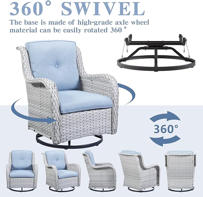 Belord Outdoor Swivel Rocker Patio Chairs Set of 3, High Back Swivel Patio Chairs Wicker Furniture Set, 2 PCS Rattan Swivel Rocking Chair with Side Table, Light Grey Wicker