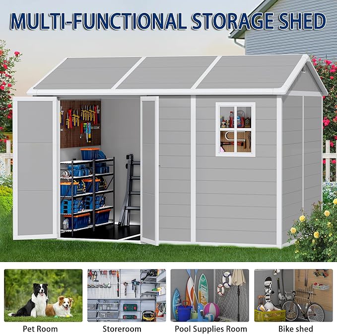 8x10 FT Resin Outdoor Storage Shed with Floor, Weather-Resistant Plastic Garden Shed with Windows, Lockable Door and Vents, Outside Tool Storage Sheds for Backyard, Garden, Lawn, Grey