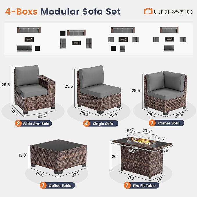 UDPATIO Patio Furniture Set with Fire Pit Table, 8 Inch Armrest Outdoor Sectional Sofa, 9 Piece Wicker Outdoor Furniture Conversation Sets with Waterproof Cover for Backyard Deck(Brown/Dark Grey)