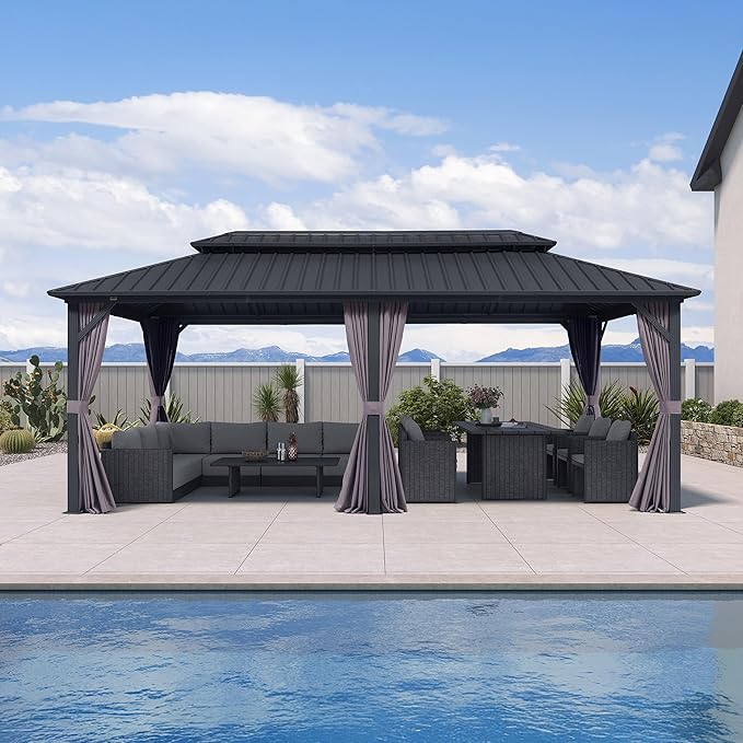 PURPLE LEAF 10' X 20' Permanent Hardtop Gazebo Aluminum Frame with Galvanized Steel Double Vented Roof Includes Removable Netting and Curtains with Hooks for Garden Patio Lawns Grey
