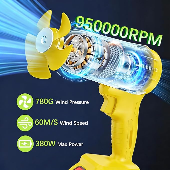 Leaf Blower Cordless with Battery and Charger,21V Electric Handheld Leaf Blower, 950000RPM Powerful Fan with Adjustable Speed, Lightweight Blower for Patio, Lawn, Blowing Leaves and Snow(Yellow)