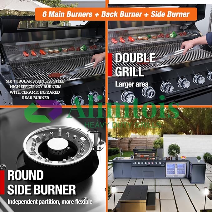 BBQ Grill Island Outdoor Kitchen: Luxury 160 Inch 6-Burner 96000 BTU Stainless Steel Built-in Propane Gas Barbecue Station with Wine Cooler Refrigerator, Rotisserie, Storage Cabinets, Drawers, Sink